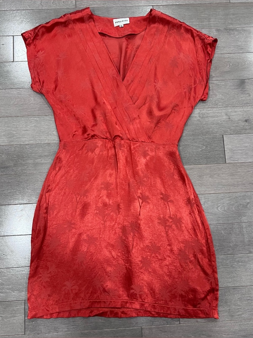 Pepaloves Rust Red Satin Jacquard Palm Print Surplice Mini Dress XS